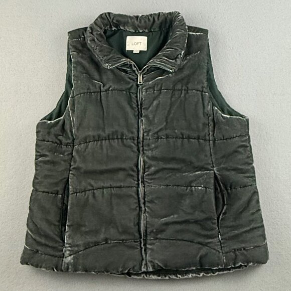 Loft Puffer Vest Women's Medium Quilted Design Pockets Full Zip Green Velvet - Picture 1 of 10